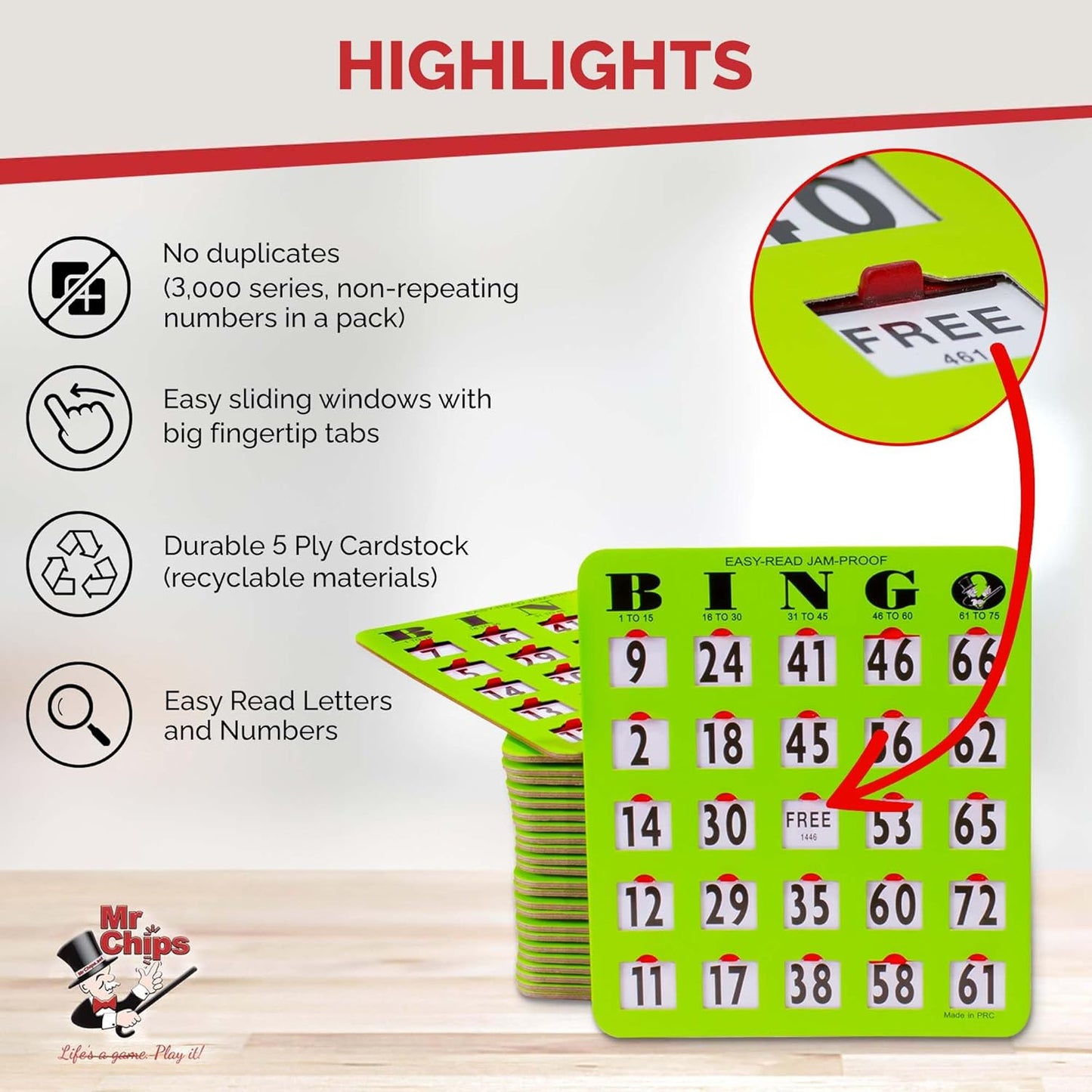 MR CHIPS Complete Bingo Game Set with Jam-Proof Shutter Cards – Easy Read Green Edition – 50 Reusable Large Print Bingo Cards with Sliding Windows, Master Board & Calling Cards – No Chips Needed