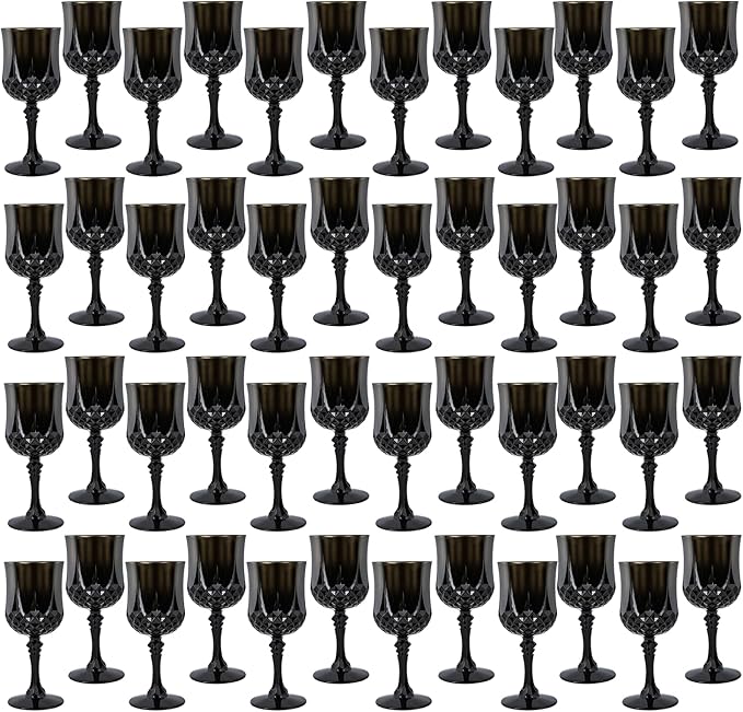 Plastic Wine Glasses, Plastic Goblets Vintage Style Cordial Unbreakable Drinking Glasses, Reusable Drinkware for Wedding Reception, Grand Event Party Supplies, Easter (48, Black)
