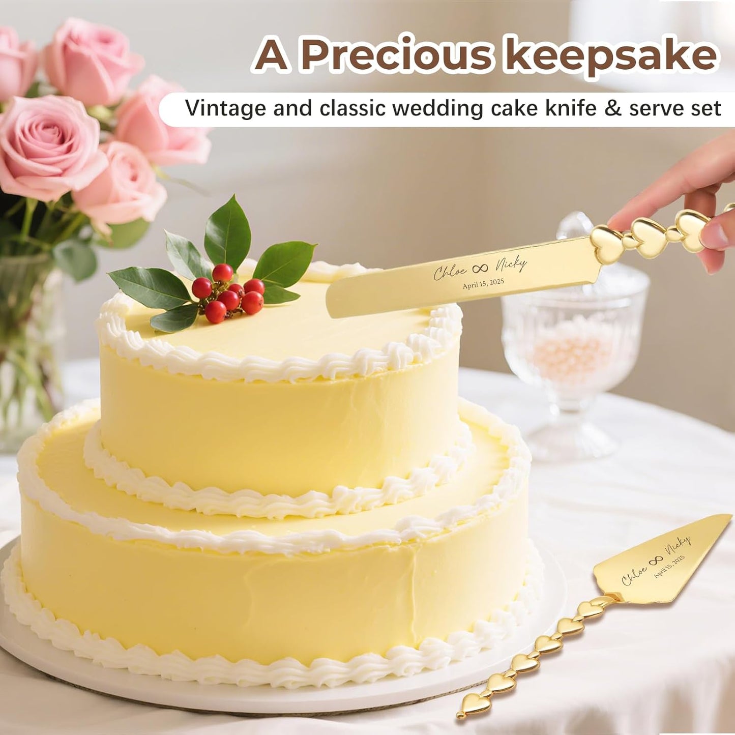 Custom Cake Cutting Set for Wedding Cake Knife and Server Set Personalized Gold Cake Cutter Gift for Anniversary Birthday Christmas