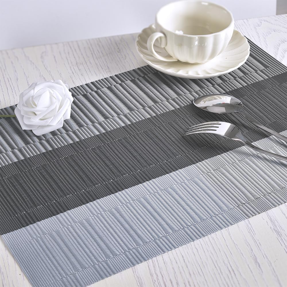homEdge PVC Placemat, 4 PCS of Non-Slip Heat Resistant Place Mats, Washable Vinyl Placemats, Set of 4 – Ombre Silver Gray Black