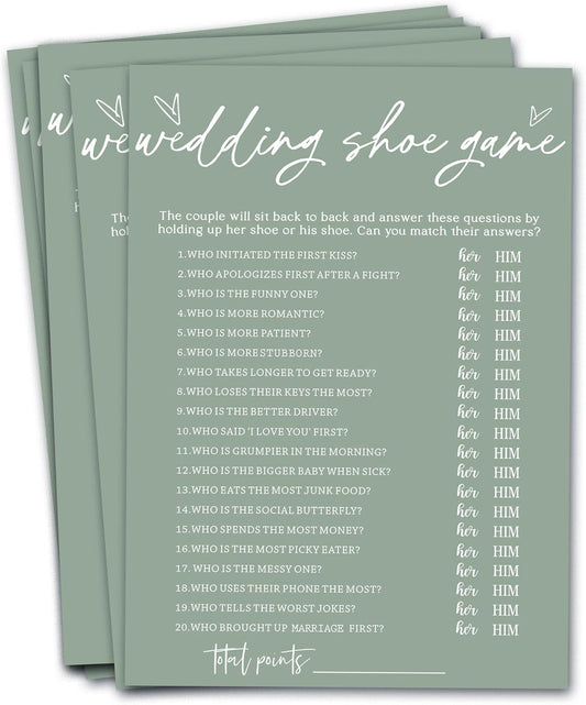 Bridal Shower Games Cards, Wedding Shoe Game, Bridal Shower Games 25 Guests, Engagement Party Wedding Games for Guests, Minimalist Green Wedding Party Supplies - C04