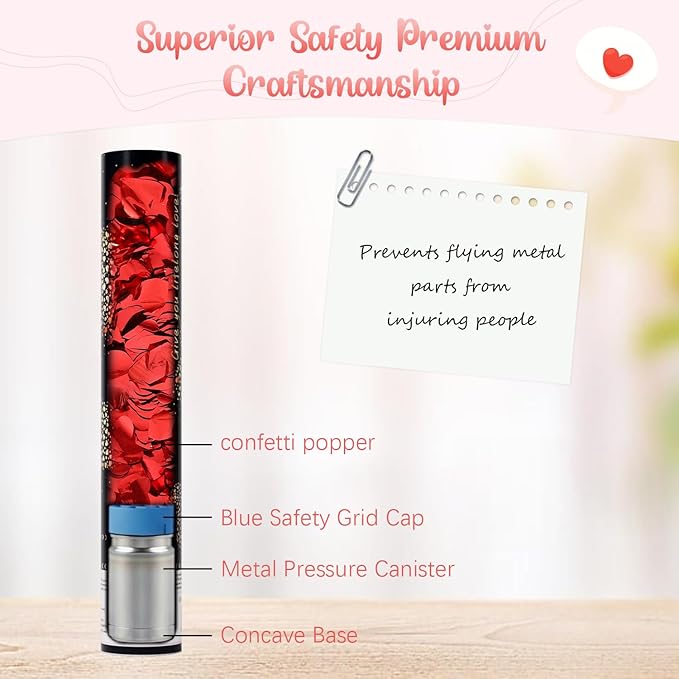 Red Heart Confetti Cannons 12 Pack, 12" Romantic Party Poppers with Metallic & Tissue Red Confetti for Valentine’s Day, Engagement, Wedding, Anniversary, Bridal Shower & Bachelorette Celebrations