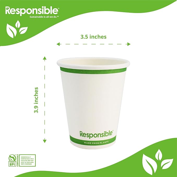 Responsible Products 10 oz Paper Hot Cups, Tree-Less™ Compostable Paper Coffee Cups, Extra Strength, Tree-Free and Made Without PFAS, White (1000 Count)