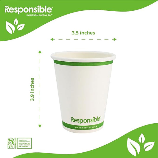 Responsible Products 10 oz Paper Hot Cups, Tree-Less™ Compostable Paper Coffee Cups, Extra Strength, Tree-Free and Made Without PFAS, White (1000 Count)