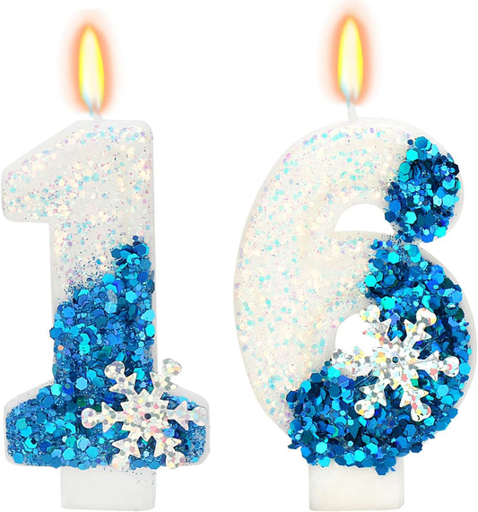 Snow Themed Birthday Candles, 16th Birthday Candle for Party Supplies, Winter Birthday Party Supplies, 2.76 inch Number 16 Candle Cake Topper Decoration (Number 16)