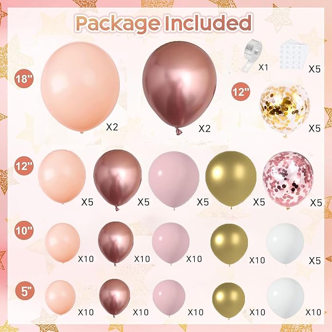 Rose Gold Balloon Garland Kit, Nude Pastel Pink Metallic Gold Matte White Balloons Gold and Rose Gold Confetti Balloons for Valentines Day Wedding Bridal Shower Party Girl Birthday Decorations
