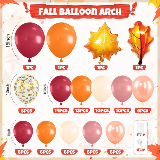 Fall Balloon Garland Arch Kit, Orange Wine Red Dusty Pink Rose Gold Confetti Balloons with Maple Leaf Foil Balloons for Thanksgiving Autumn Fall Birthday Baby Shower Party Decorations