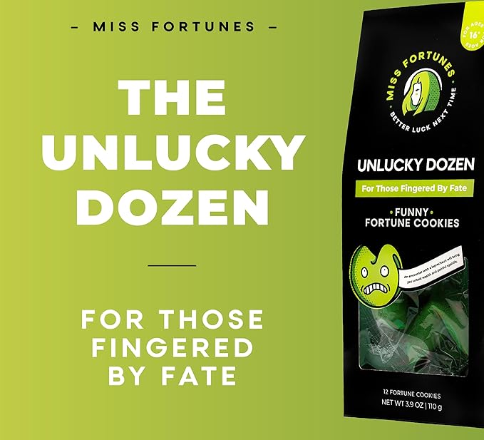 Miss Fortunes, Funny Fortune Cookies, The Unlucky Dozen, For Those Who Have Been Finger'd By Fate! Written by Professional Comedy Writers (Box of 12 Individually Wrapped Green Fortune Cookies)