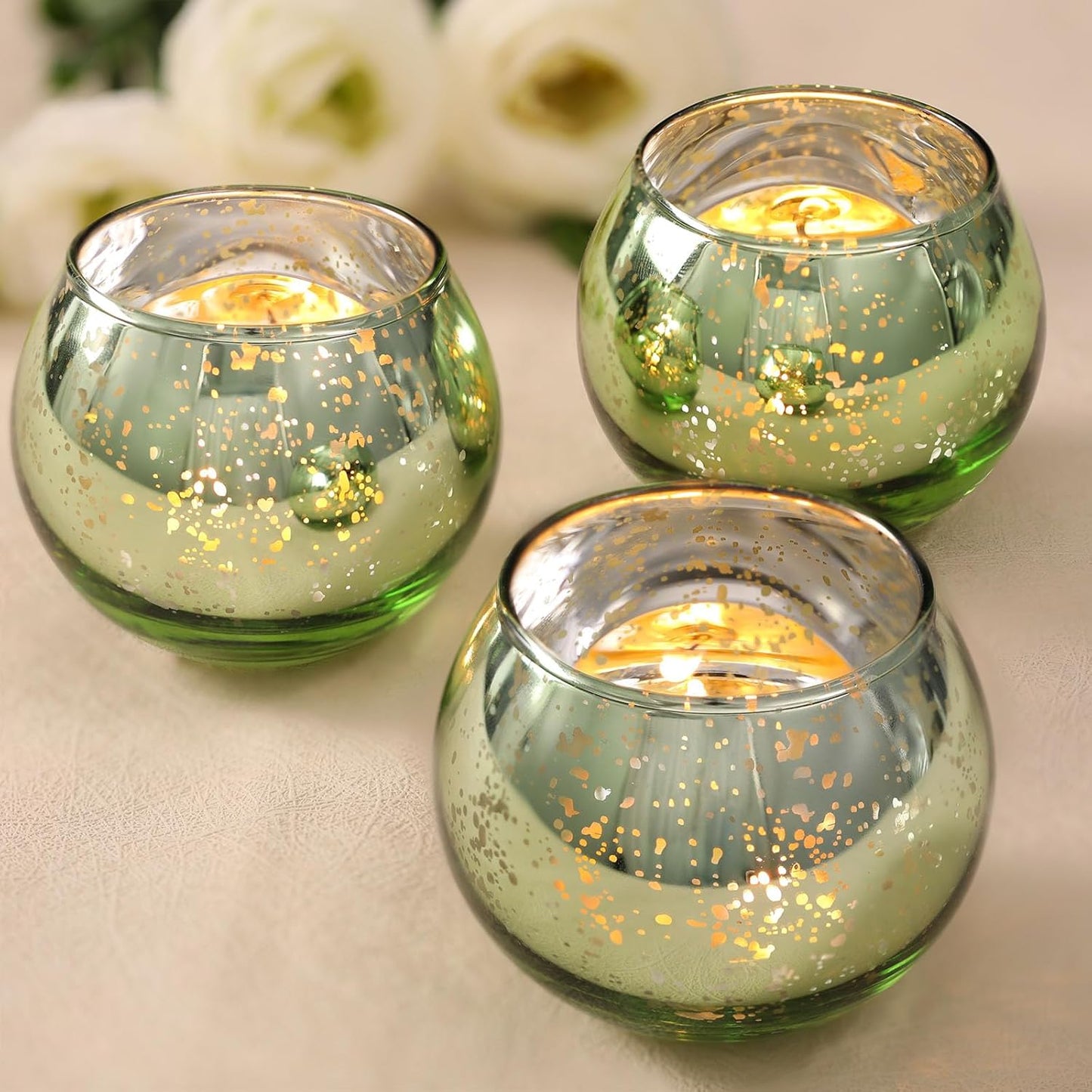 Volens 24PCS Green Votive Candle Holders Bulk, Round Mercury Glass Candle Holders for Tealight - Green Centerpiece Table Decorations for Wedding, Birthday, Party, Bridal Shower and Home Decor