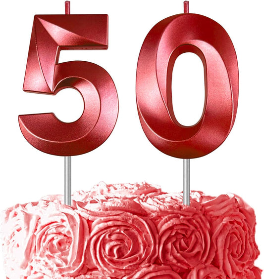 Red Number 50 Candles, 3D Diamond 2.76 Inch Cake Topper Birthday Candles for Wedding Anniversary Cake Decorations, Happy Birthday Party Decorations