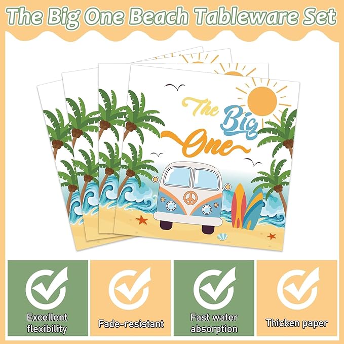 96Pcs Summer Beach The Big One Party Supplies Boy Surfing First Paper Plates Napkins The Big One Birthday Party Decorations 1st Birthday Dinnerware Party Favor Beach Hawaiian Tableware Serves 24