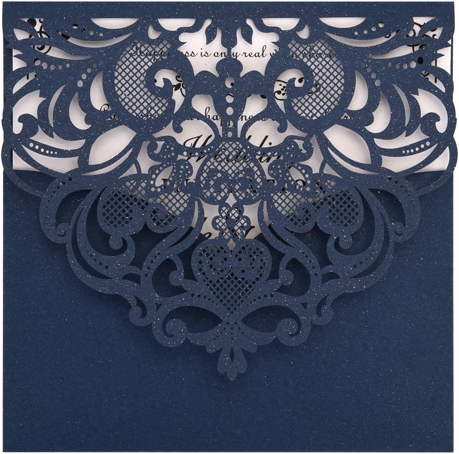 FOMTOR Navy Blue Laser Cut Invitations 50 Pack Laser Cut Wedding Invitations Card Kit with Blank Printable Paper and Envelopes for Wedding,Birthday Parties,Baby Shower