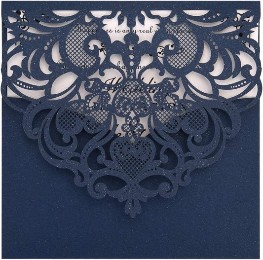 FOMTOR Navy Blue Laser Cut Invitations 50 Pack Laser Cut Wedding Invitations Card Kit with Blank Printable Paper and Envelopes for Wedding,Birthday Parties,Baby Shower