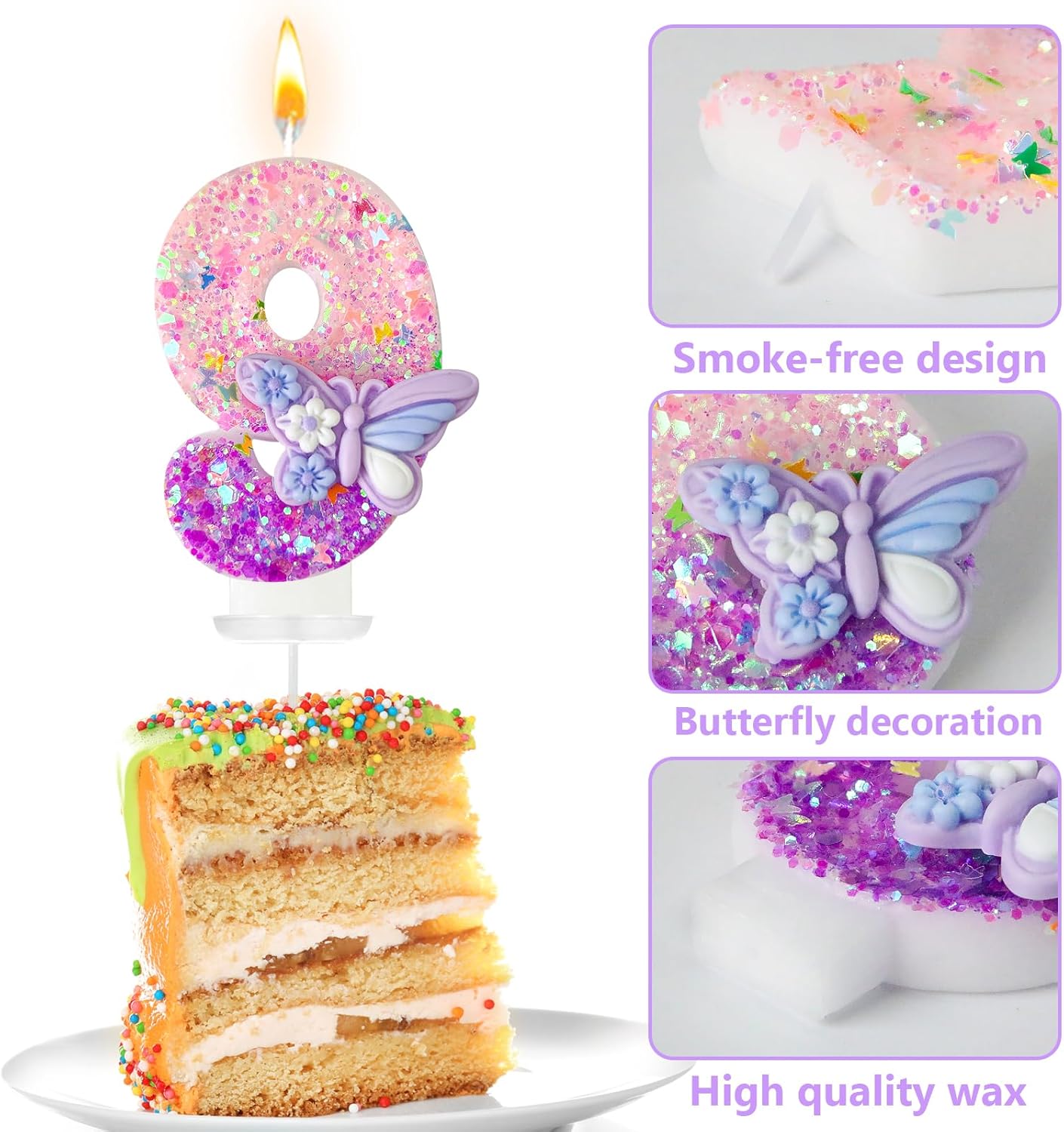 HXOUSE Butterfly Number 9 Birthday Candles - Pink & Purple Butterfly Birthday Candles for Cake, 9 Candle Topper for Anniversary Celebrations Supplies, Fairy Party Decorations for Girl (Number 9)