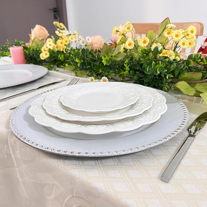 White Charger Plates with Beaded Rim, 13" Vintage Round Charger for Dinner Plates, Set of 6 Plastic Plate Chargers for Wedding Table Setting,Party Decoration.