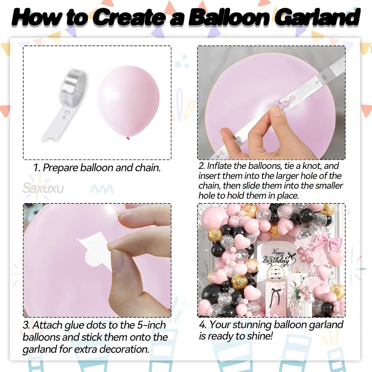 Pink and Black Balloon Arch Kit, Black Pink Balloons Garland Arch Kit, Macaron Heart Latex Balloons, Gold Silver Confetti Balloon For Girl Women Princess Birthday Mother's Day Party Wedding Decor