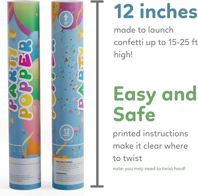 Biodegradable Confetti Poppers Cannon | 2 Pack | Multicolor | Party Poppers for Graduation, Birthday, Wedding | Alternative to Fireworks Smoke Bombs | Launches 25 ft | 12 inch | TUR Party Supplies