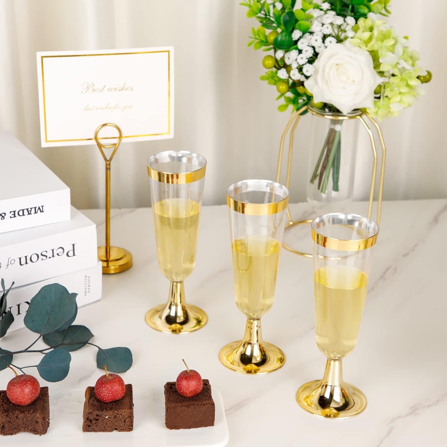 I00000 Gold Champagne Flutes 50 PACK, 5 Oz Disposable Champagne Glasses, 2-Piece Plastic Toasting Glasses for Celebration, Wedding or Parties
