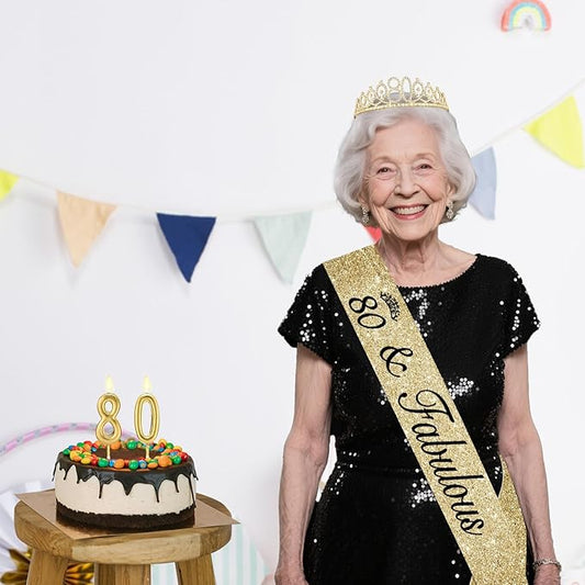 80th Birthday Decorations for Women Gold with Sash and Tiara, Gold Number Candles, 80th Birthday Gifts for Women