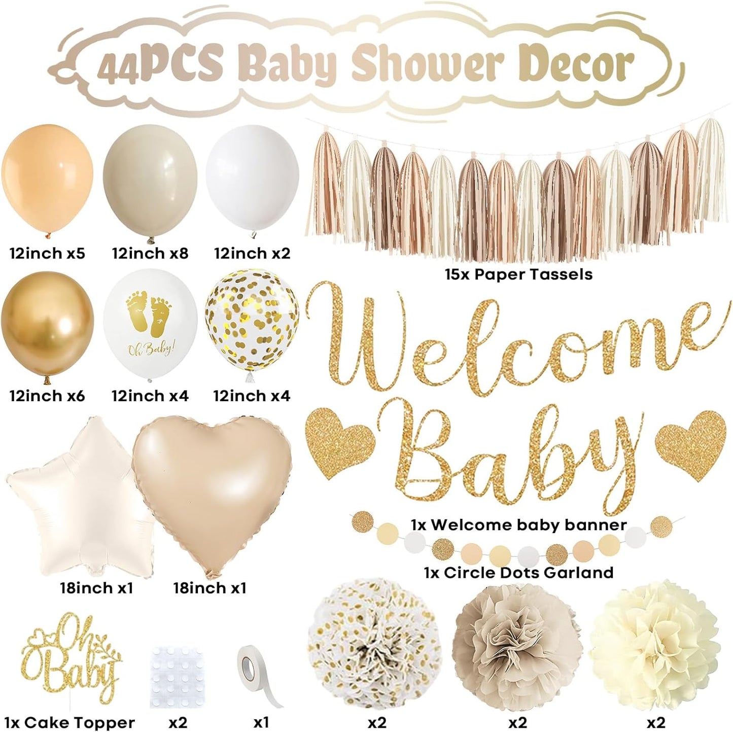 Neutral Gold Baby Shower Decorations for Boys Girls, Boho Welcome Baby Banner Gold Cream Beige Sand White Confetti Latex Balloons Oh-Baby Cake Topper Pom Poms for Baby-Shower Birthday Party Decoration