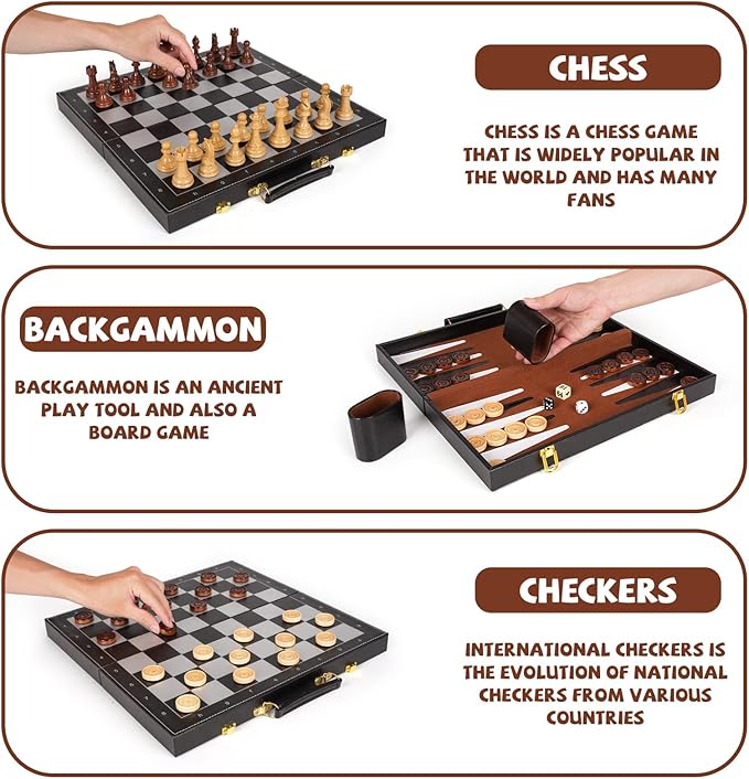 3 in 1 Magnetic Chess Set & Checkers Backgammon Board Game Set, 15" Wooden Folding Chess Board, Tournament Portable Travel Chess Set, Beginner Chess Board Game for Adults & Kids