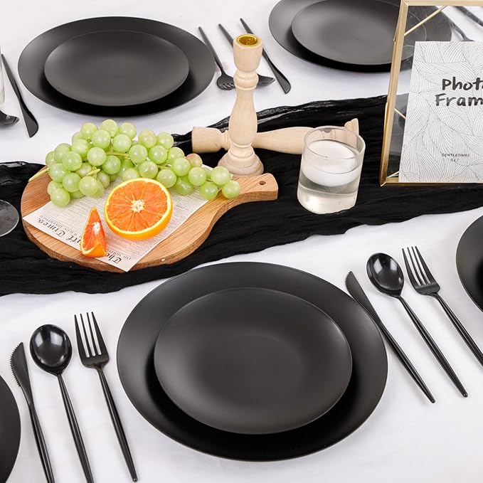 EI 150pcs Black Plastic Plates Frosted Plastic Plate,Premium Heavy Duty Black Plastic Plates,Black Disposable Plates with Plastic Silverware,10.25" Dinner Plates and 7.5" Dessert Plate Wedding Party