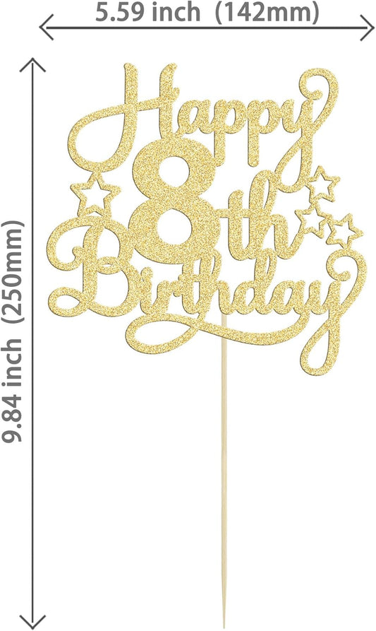 Happy 8th Birthday Cake Topper - Gold Glitter Cheers to 8 Years Old Cake Pick for Celebrating Anniversary Party Cake Decorations Supplies (1 Pack)
