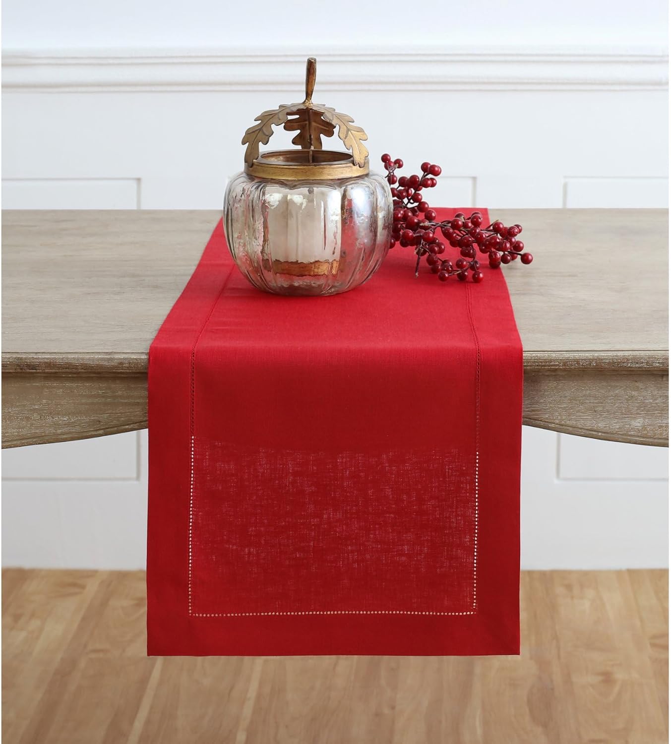Solino Home Linen Red Table Runner 72 Inches Long - 100% Pure Linen Hemstitch Table Runner 14 x 72 Inch for Dresser, Dining, Christmas, Holiday - Classic Hemstitch