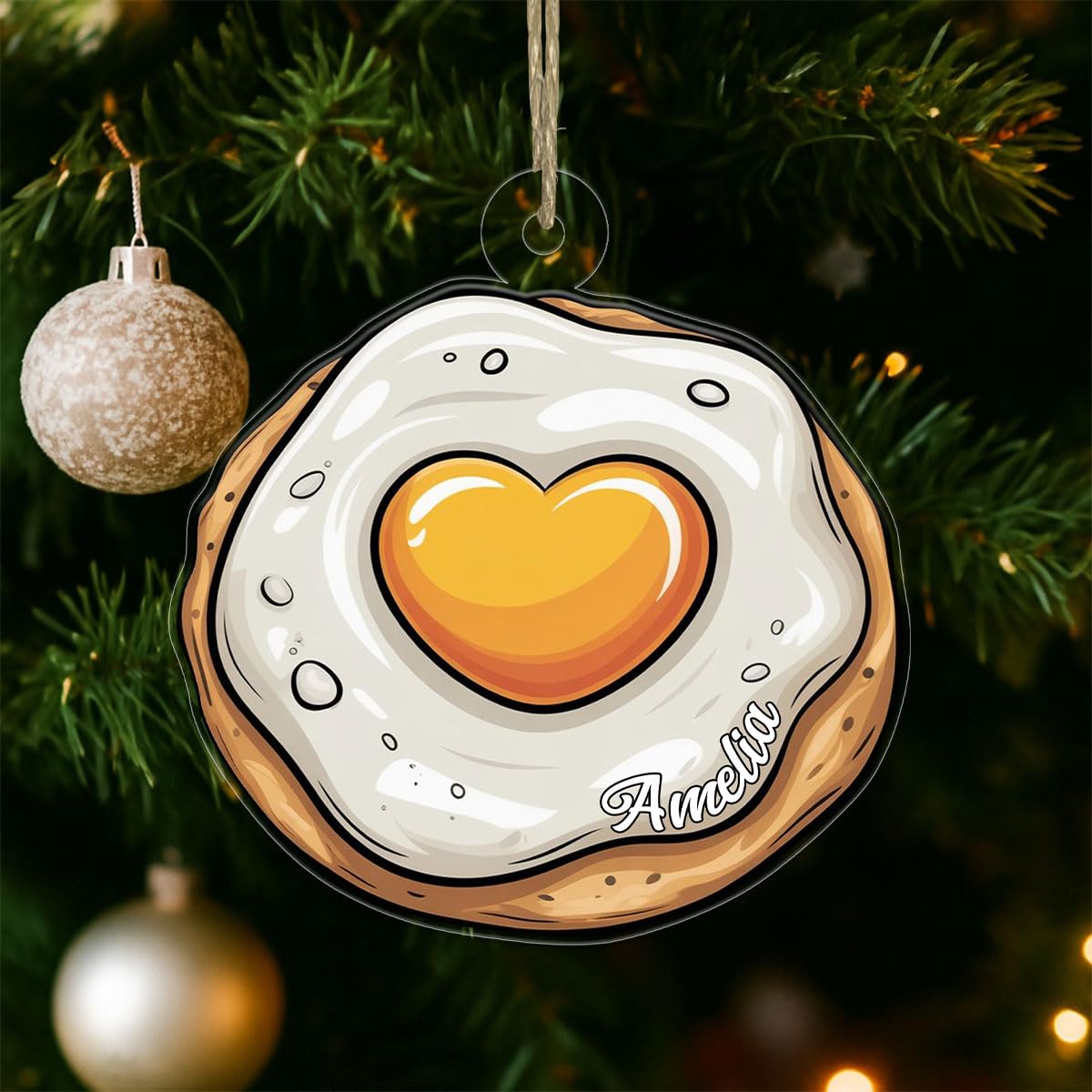 Personalized Heart Fried Egg Ornament, Custom Funny Christmas Ornament, Breakfast Lover Gift, Cooking Holiday Decoration, Unique Foodie Keepsake Acrylic Ornament – Personalized