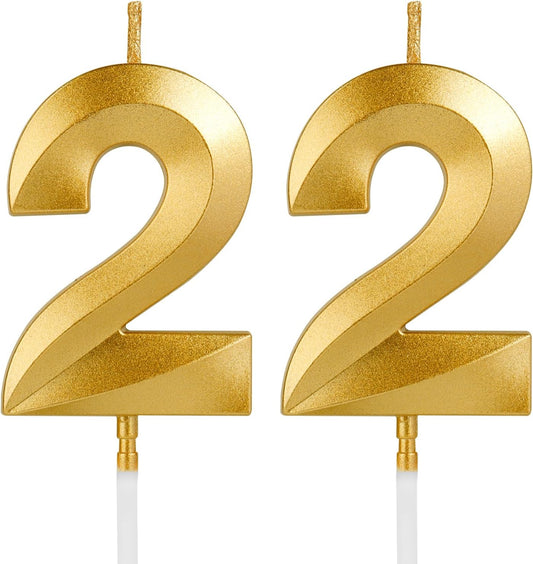 Birthday Candles, 1.96 Inch Number 22 Happy Birthday Candles, Number Candles Decoration for Birthday Party and Anniversary Celebration(Champagne Gold)