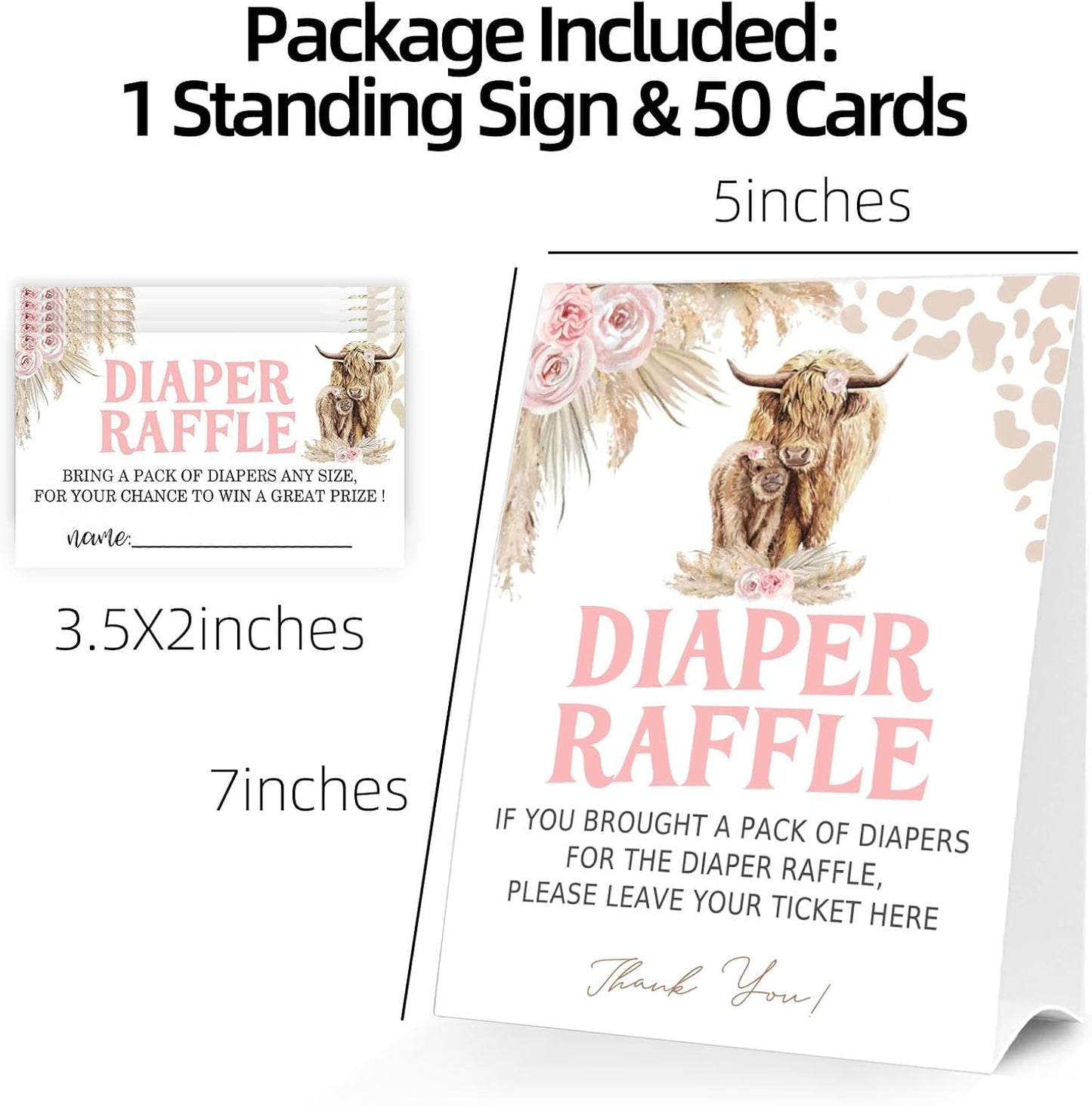 Diaper Raffle Tickets for Baby Shower Game, 1 Standing Sign & 50 Guessing Cards for Baby Shower Party Decoration, Holy Cow, Boho Pink Highland Cow