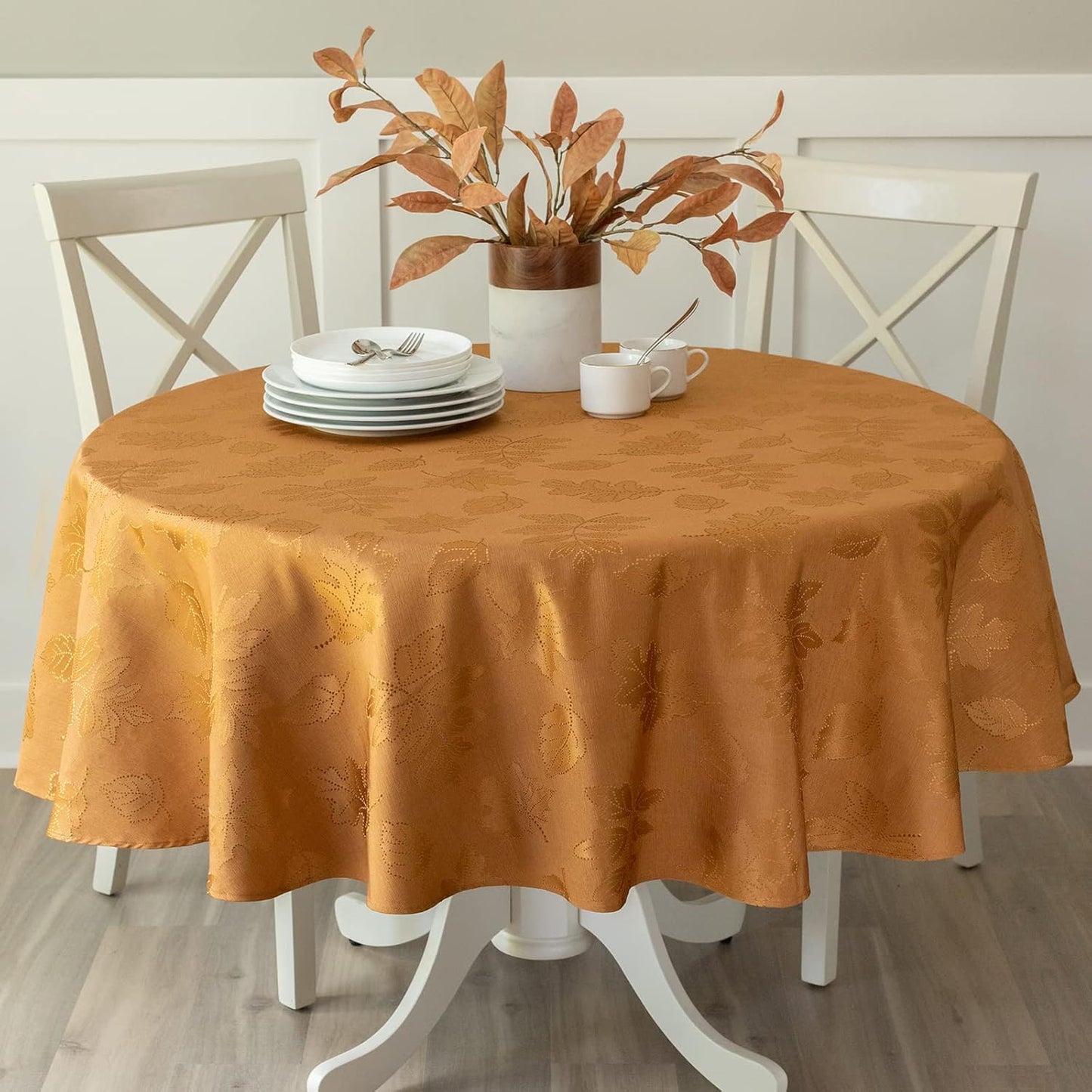 Benson Mills Harvest Legacy Damask Fabric Table Cloth Fall, Harvest, and Thanksgiving Tablecloth (Amber-Bronze, 70" Round)