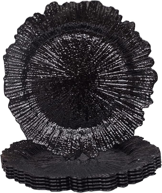 MAONAME Black Charger Plates, Reef Plates Charger for Dinner Plate,13-inch Plastic Chargers for Wedding Decor, Thanksgiving, Christmas, Set of 6