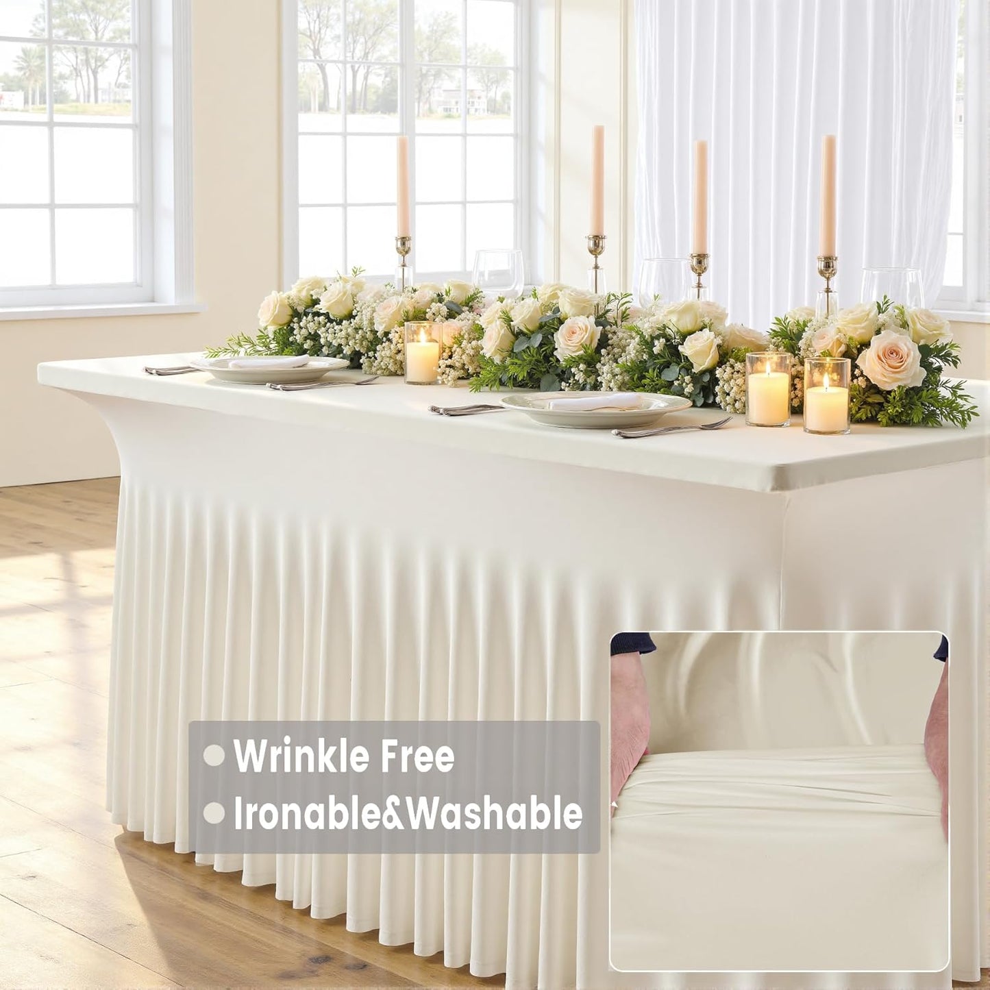 Outpain 8ft Spandex Table Cloth for Standard Folding Tables-4Pack Ivory Table Cloth Table Protector for Party, Wedding, Cocktail, Banquet, Festival