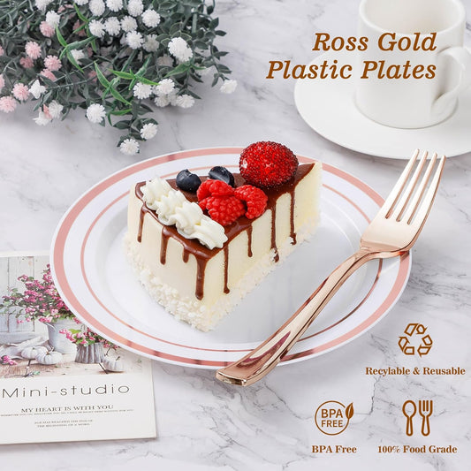 BESTVIP 100PCS Rose Gold Plastic Plate, Disposable Party Plates with 50 Dinner and 50 Dessert Plates, Plastic Plate for Party, Wedding and Birthday