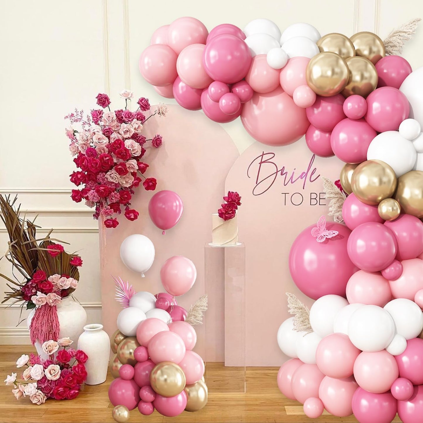 Hot Pink White Gold Balloon Garland Arch Kit, 148Pcs Hot Dusty Pink White Gold Balloons for Baby Shower Wedding Bridal Shower Gender Reveal Birthday Party Decorations