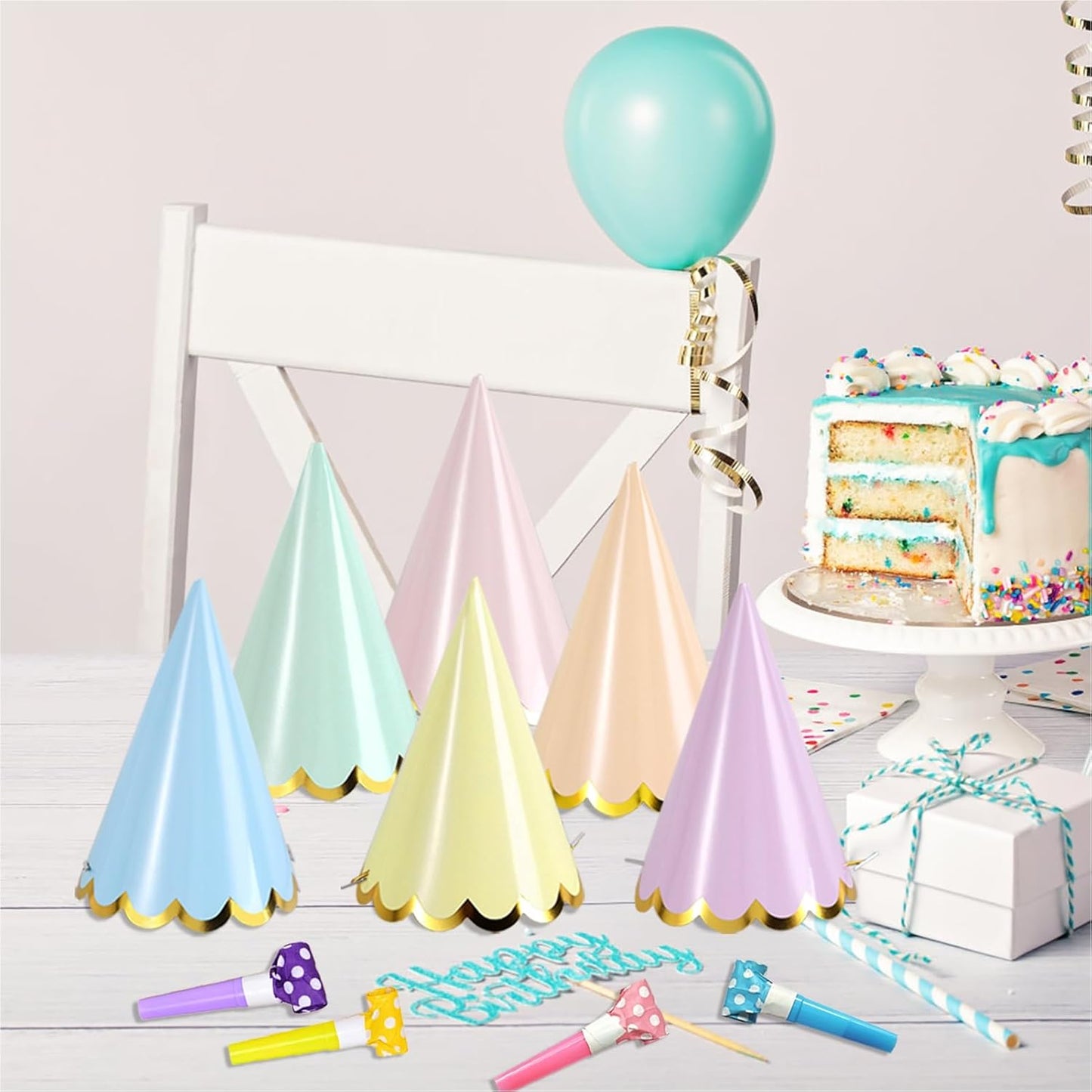 24 Pcs Pastel Birthday Party Hats with 24 Colorful Noise Makers Party Headwear for Birthday for Party Decorations Bridal Shower Supplies