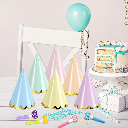 24 Pcs Pastel Birthday Party Hats with 24 Colorful Noise Makers Party Headwear for Birthday for Party Decorations Bridal Shower Supplies