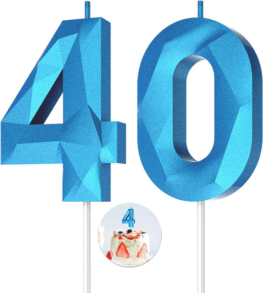 Number Birthday Candles(40 Candle Blue) 3D Diamond Shape Number Happy Birthday Cake Candles for Birthday Party Wedding Decoration Reunions Theme Party