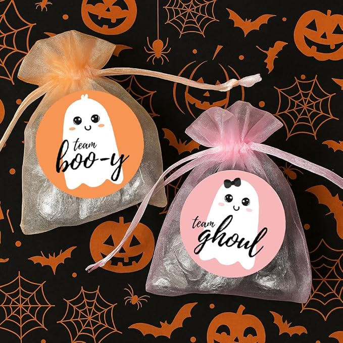 Halloween Gender Reveal Party, Team Boo-y or Team Ghoul Little Ghost Stickers - 40 Count (Orange and Pink)
