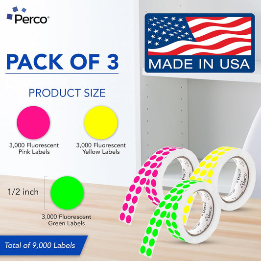 Perco 1/2 Inch Perforated Circle Dot Sticker Labels — 3 Rolls, 9,000 Round Fluorescent Stickers (1 Green, 1 Yellow, 1 Pink)—with Permanent Adhesive for Calendars, Color Coding, Crafting — Made in USA