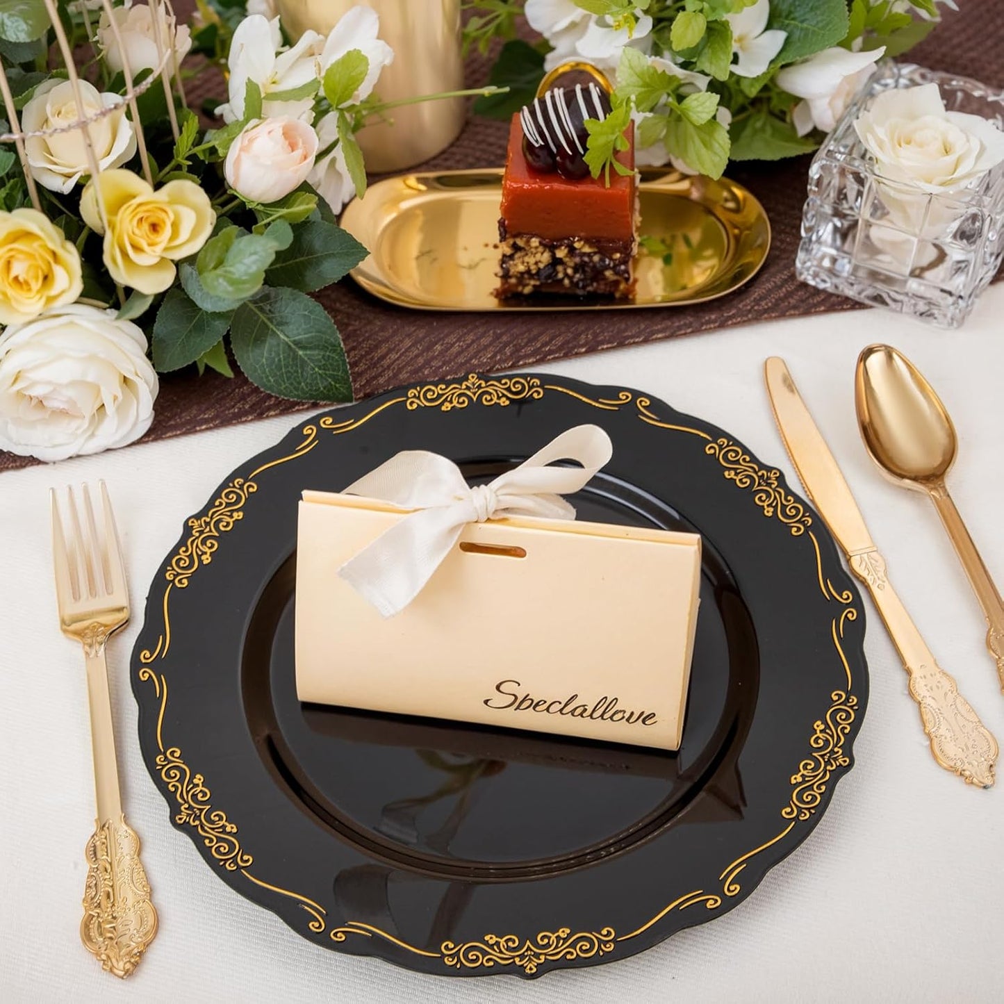 DaYammi 60PCS Black and Gold Plastic Plates, Heavy Duty Black and Gold Disposable Plates Premium 10inch Dinner Plates Hard Plastic Plates Disposable for Halloween Party and Wedding