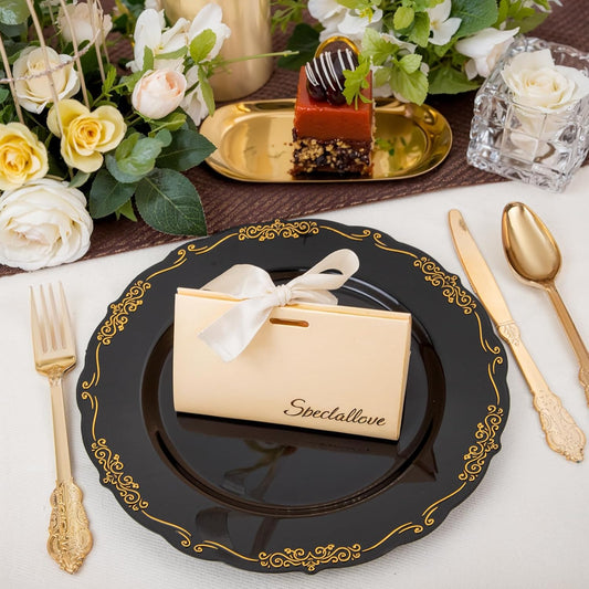 DaYammi 60PCS Black and Gold Plastic Plates, Heavy Duty Black and Gold Disposable Plates Premium 10inch Dinner Plates Hard Plastic Plates Disposable for Halloween Party and Wedding