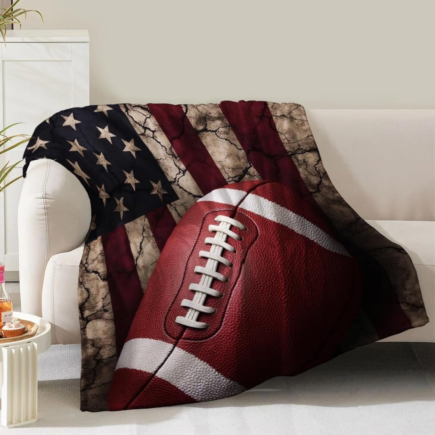 American Flag Football Blanket for Boys Men Dad Women Birthday Valentines USA National Flag Sports Theme Decor Home Couch Sofa Kids Adults Soft Flannel Throw 60"x50"