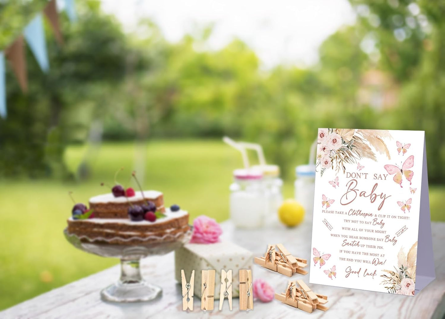Don't Say Baby Baby Shower Game,Boho Pampas Butterfly Baby Shower Decoration,Rustic Baby Shower Decorations,Neutral Baby Shower Decoration,Baby Shower Game Ideas,1 Sign & 50 Mini Clothespins Set-B19