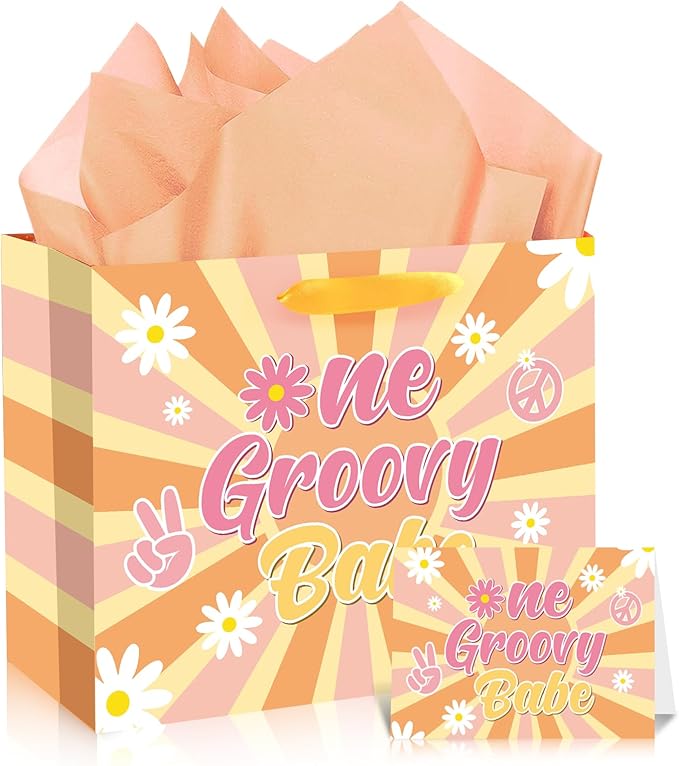 Groovy One Boho 1st Birthday Gift Bag for Girls with Card Tissue Paper, Daisy Flower Hippie First Birthday Wrapping Paper for Retro Baby Shower Party Gift Wrap Christmas Decorations Supplies