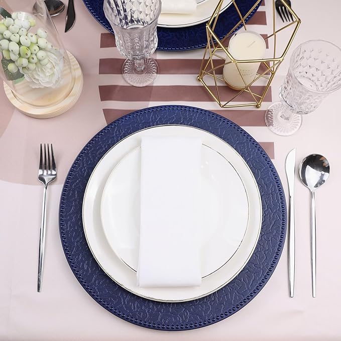 Navy Blue Chargers for Dinner Plates with Beaded Rims, Set of 12 Plastic Bulk Wedding Charger Plates for Thanksgiving, Christmas, Holiday Party Table Setting.