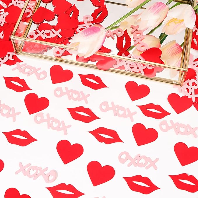 XOXO Letters with Red Lips & Hearts Confetti - 200-Piece Romantic Party Decor, Biodegradable Paper Mix for Valentine's Day, Wedding, Anniversary Table Scatter