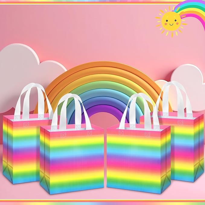 Sweetude 16 Pcs Pastel Gift Bags Pastel Rainbow Gift Bag with Handles Rainbow Party Favors Non Woven Reusable Tote for Women Wedding Birthday Baby Shower Mothers Day Party Decorations