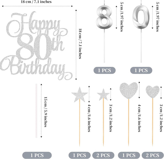 80th Birthday Cake Decorations, 80th Birthday Candles Cake Numeral Candles and Glitter Happy 80th Birthday Cake Toppers Set for Birthday Party Supplies (Silver)